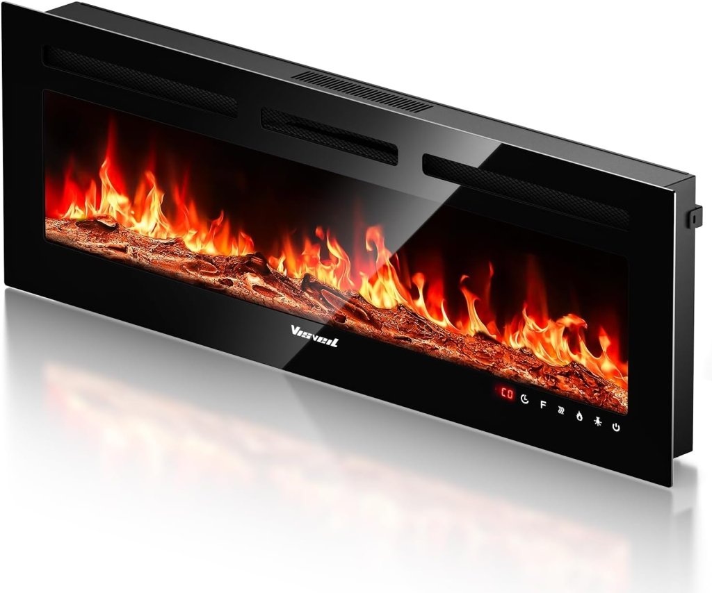 Electric Fireplace 60Inch,Wall Mounted Electric Fireplace Heater with Timer Inserts,TV Stand Touch Screen and Realistic Flame,Log Set,Crystal Flames 750 to 1500W,Remote for Living Room - Wigtrends