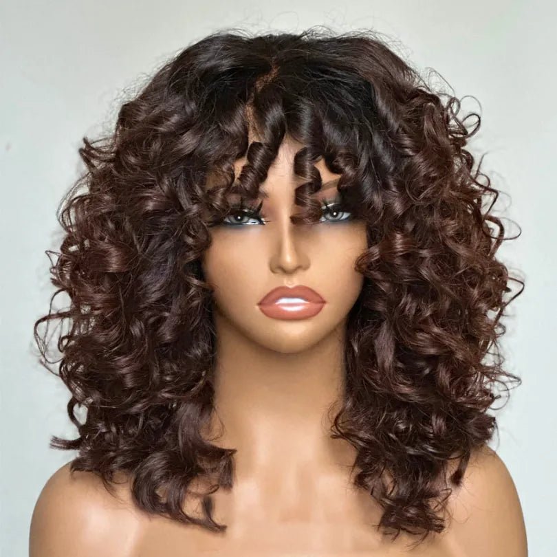 Elegant Lace Curly Wigs with Dark Root Bouncy Bangs - Wigtrends