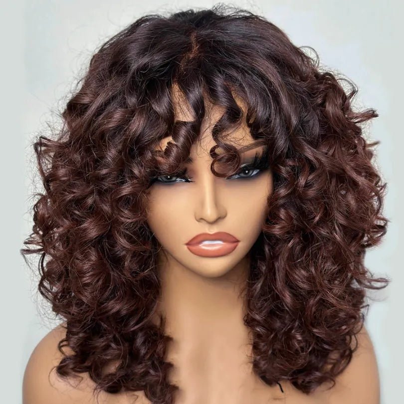 Elegant Lace Curly Wigs with Dark Root Bouncy Bangs - Wigtrends