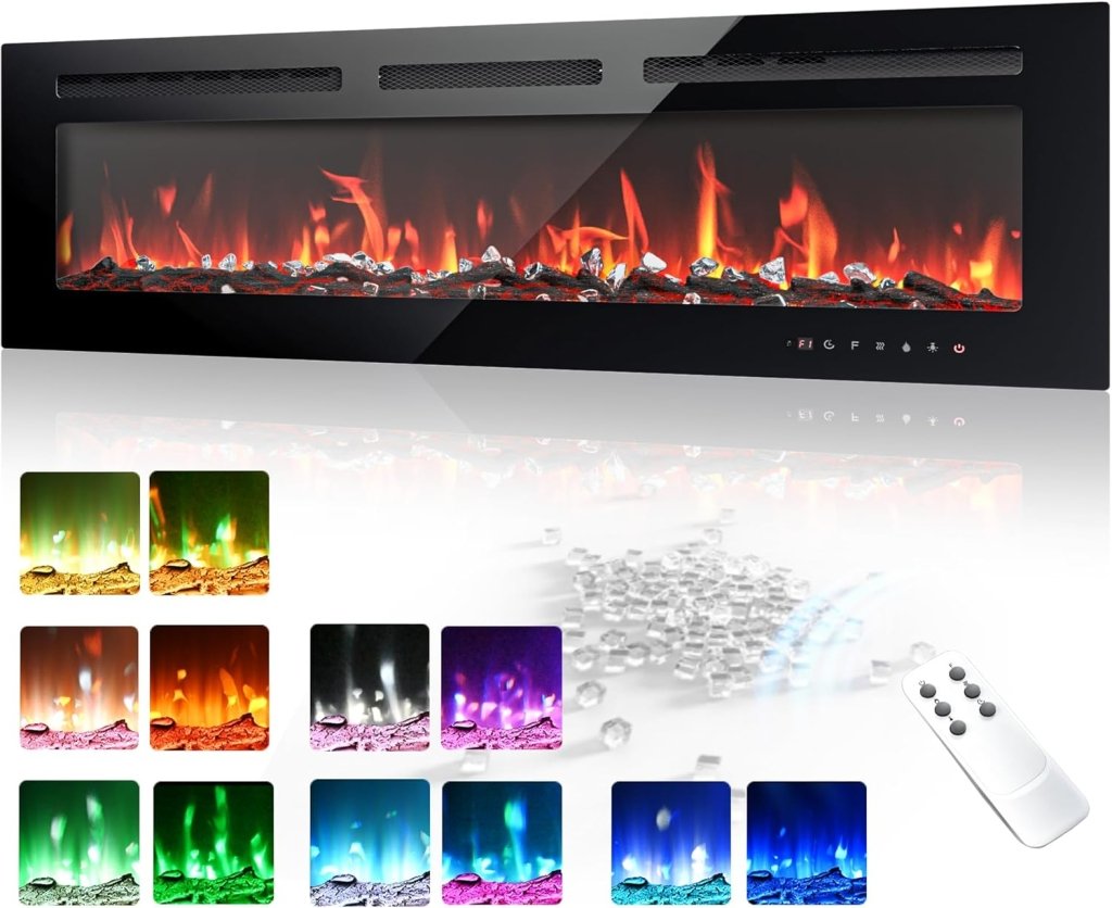 EUHOMY 50 Inch Electric Fireplace Wall Recessed and Wall Mounted with Adjustable Flame Color, Fireplace Heater with Remote Control, Linear Fireplace with Timer, Touch Screen, Log & Crystal, 750/1500W - Wigtrends