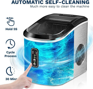EUHOMY Nugget Ice Maker Countertop with Handle, Ready in 6 Mins, 34lbs Per Day, Removable Top Cover, Auto - Cleaning, Portable Sonic Ice Maker with Basket and Scoop, for Home/Party/RV/Camping (Black) - Wigtrends