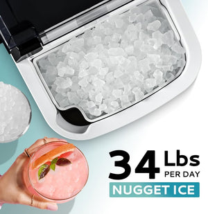 EUHOMY Nugget Ice Maker Countertop with Handle, Ready in 6 Mins, 34lbs Per Day, Removable Top Cover, Auto - Cleaning, Portable Sonic Ice Maker with Basket and Scoop, for Home/Party/RV/Camping (Black) - Wigtrends