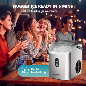 EUHOMY Nugget Ice Maker Countertop with Handle, Ready in 6 Mins, 34lbs Per Day, Removable Top Cover, Auto - Cleaning, Portable Sonic Ice Maker with Basket and Scoop, for Home/Party/RV/Camping (Black) - Wigtrends