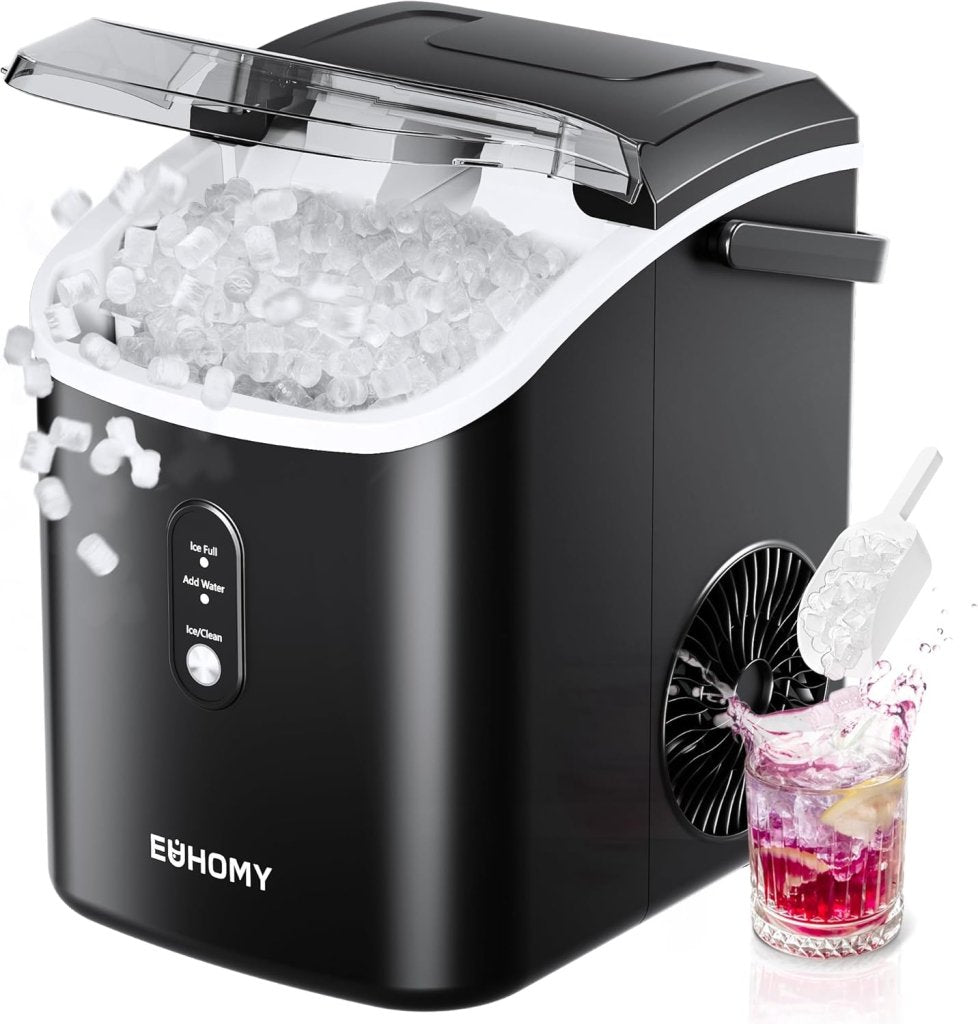 EUHOMY Nugget Ice Maker Countertop with Handle, Ready in 6 Mins, 34lbs Per Day, Removable Top Cover, Auto - Cleaning, Portable Sonic Ice Maker with Basket and Scoop, for Home/Party/RV/Camping (Black) - Wigtrends