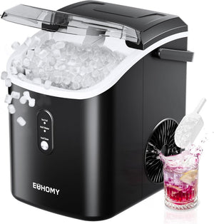 EUHOMY Nugget Ice Maker Countertop with Handle, Ready in 6 Mins, 34lbs Per Day, Removable Top Cover, Auto - Cleaning, Portable Sonic Ice Maker with Basket and Scoop, for Home/Party/RV/Camping (Black) - Wigtrends