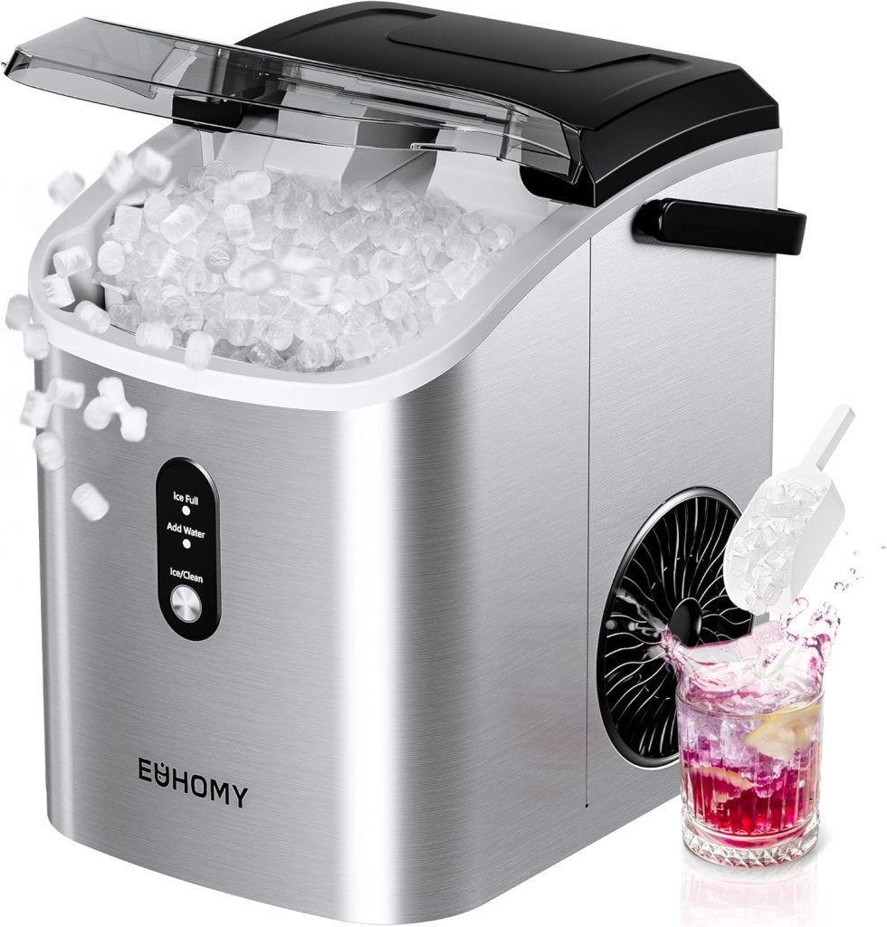 EUHOMY Nugget Ice Maker Countertop with Handle, Ready in 6 Mins, 34lbs Per Day, Removable Top Cover, Auto - Cleaning, Portable Sonic Ice Maker with Basket and Scoop, for Home/Party/RV/Camping (Black) - Wigtrends