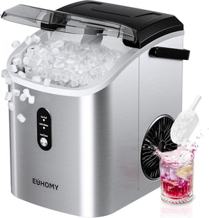EUHOMY Nugget Ice Maker Countertop with Handle, Ready in 6 Mins, 34lbs Per Day, Removable Top Cover, Auto - Cleaning, Portable Sonic Ice Maker with Basket and Scoop, for Home/Party/RV/Camping (Black) - Wigtrends