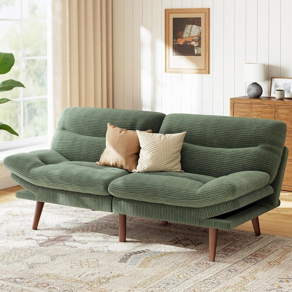 Futon Sofa Bed, Futon Sofa with Adjustable Back and Armrests, Converts to Small Sleeper Sofa Bed Corduroy Loveseat Green - Wigtrends