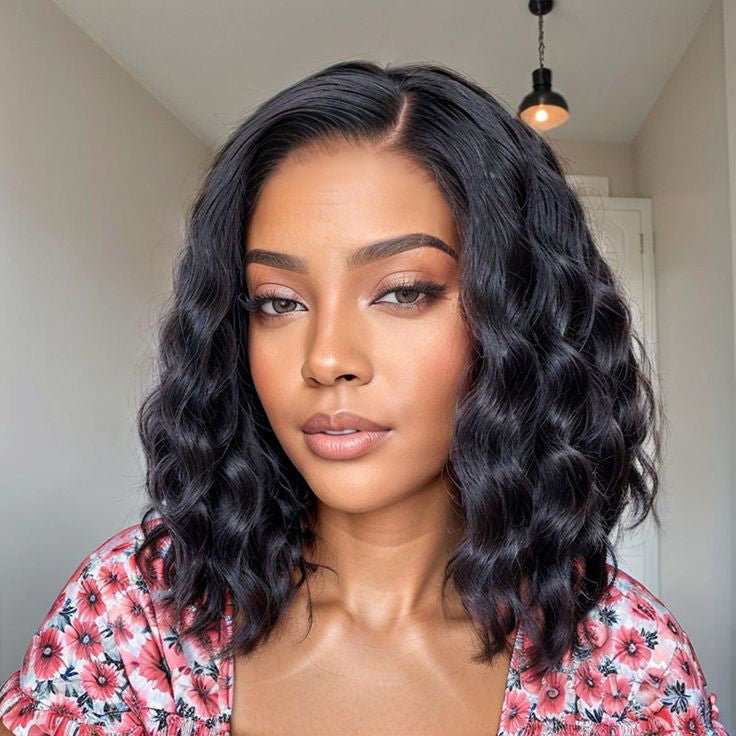 Glueless 6x5 Pre - Cut Lace Ocean Wave Wig Natural Black Pre - Bleached Knots Easy - Wear Human Hair Wigs - Wigtrends