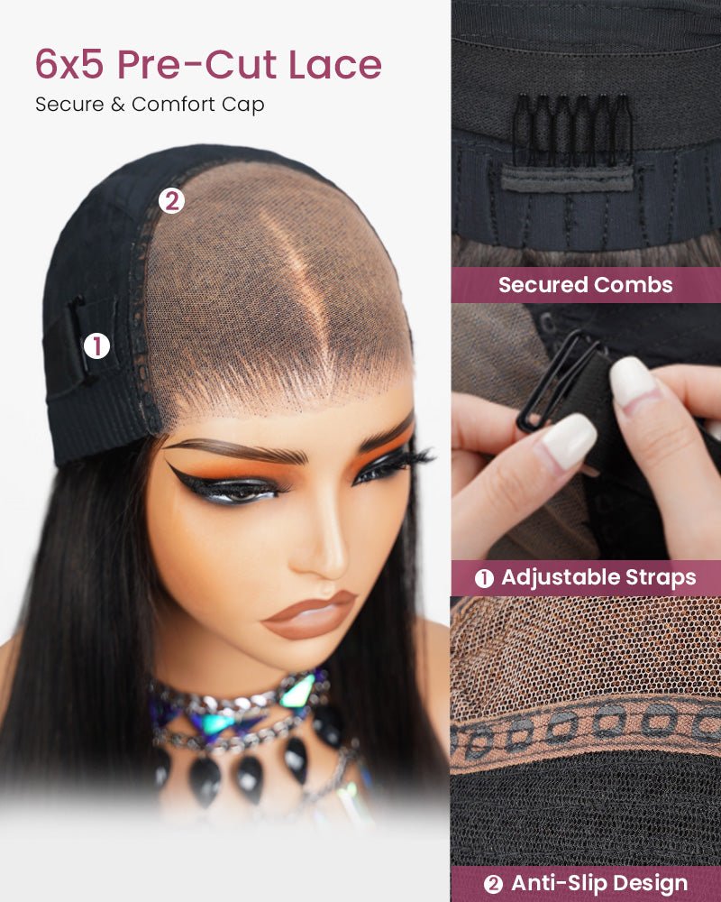 Glueless 6x5 Pre - Cut Lace Ocean Wave Wig Natural Black Pre - Bleached Knots Easy - Wear Human Hair Wigs - Wigtrends