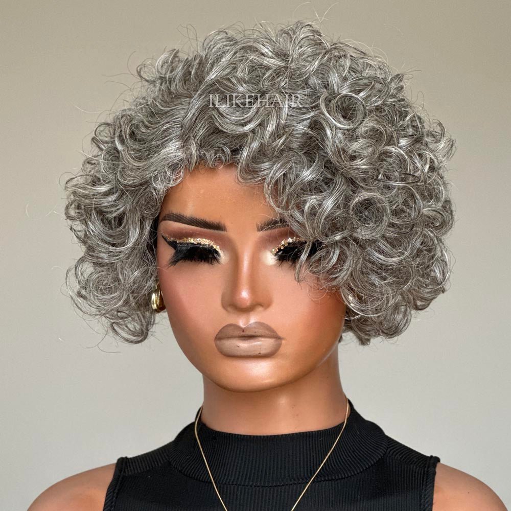 Glueless Ash Grey Rose Curly Bob Human Hair Wig - Wigtrends