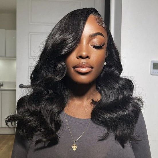 Glueless Blowout In Wavy Natural Black Pre - Cut Pre - Bleached Knots Easy - Wear Human Hair Wigs - Wigtrends