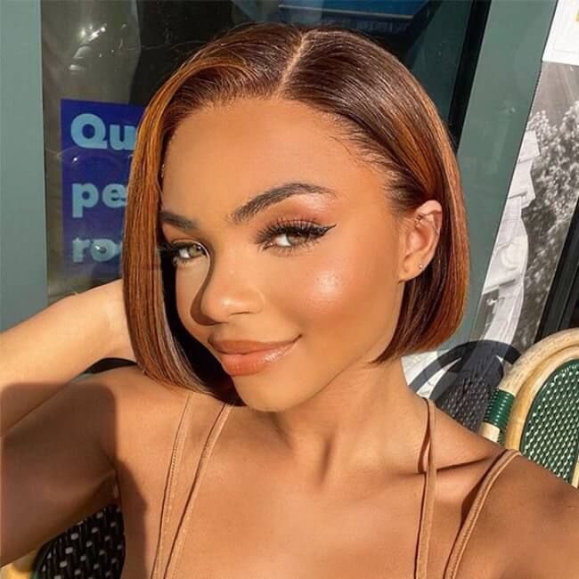 Golden Brown Highlight Straight Short Bob Lace Wig - Wigtrends
