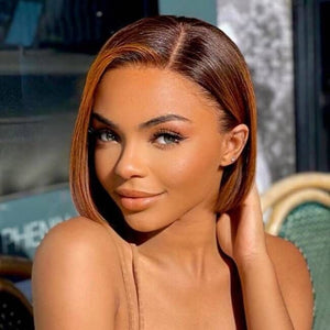 Golden Brown Highlight Straight Short Bob Lace Wig - Wigtrends
