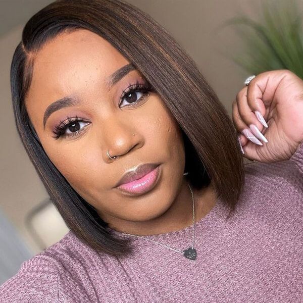 Golden Brown Highlight Straight Short Bob Lace Wig - Wigtrends