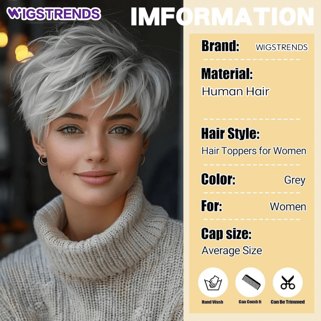 Grey Hair Toppers for Women with Thinning Bangs 360°3D Cover 6.5x6inches Toupee Hair Pieces - Wigtrends