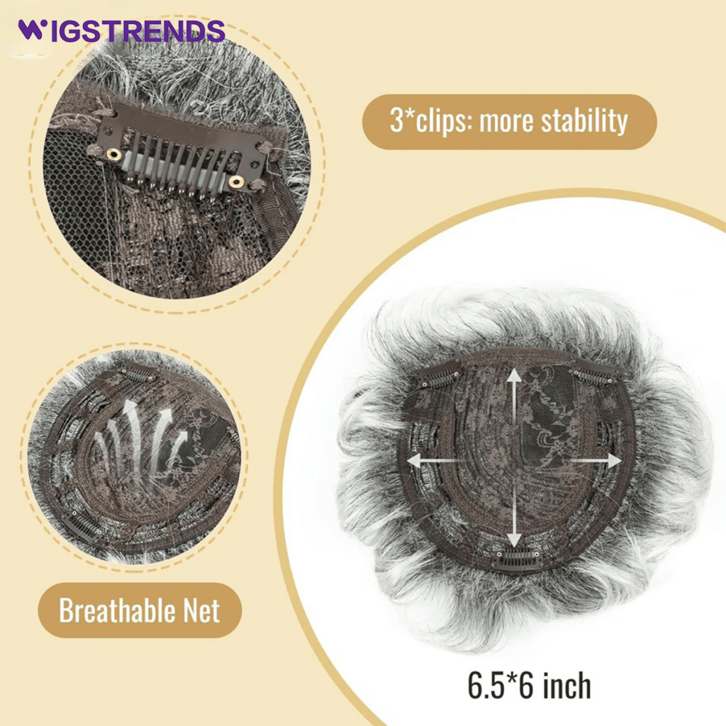 Grey Hair Toppers for Women with Thinning Bangs 360°3D Cover 6.5x6inches Toupee Hair Pieces - Wigtrends