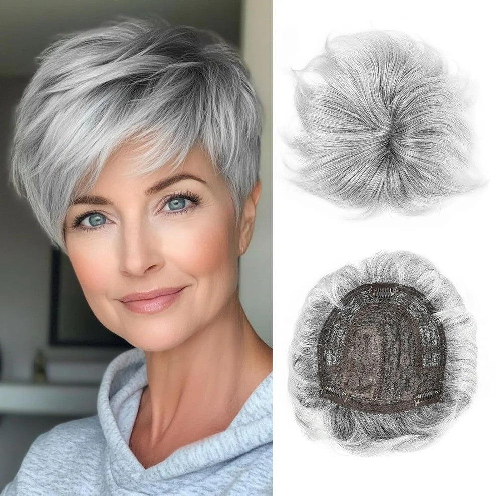 Grey Hair Toppers for Women with Thinning Bangs 360°3D Cover 6.5x6inches Toupee Hair Pieces - Wigtrends