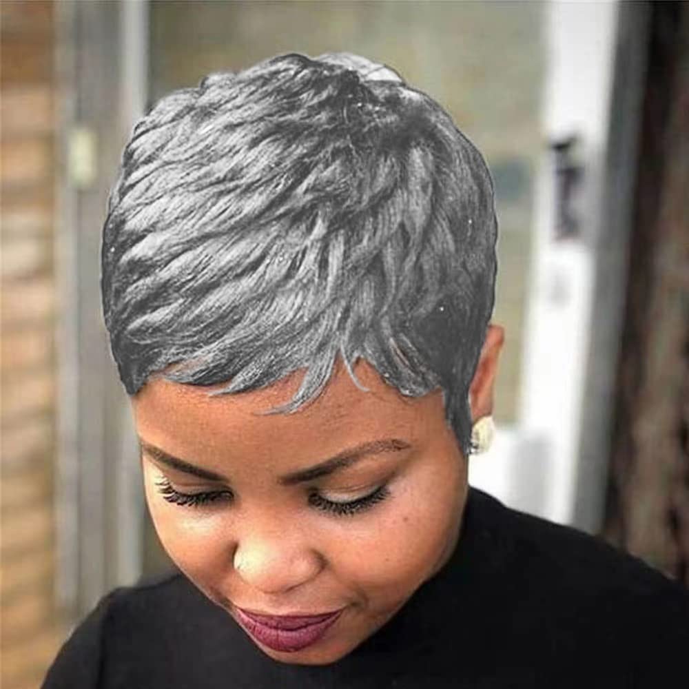 Grey Pixie Wigs for Black Women Grey Pixie Cut Short Wavy Layered Human Hair Wigs - Wigtrends