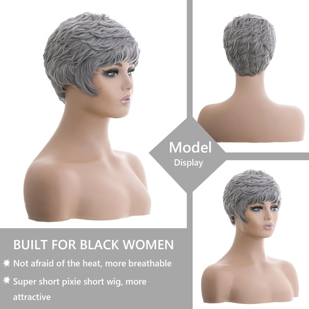 Grey Pixie Wigs for Black Women Grey Pixie Cut Short Wavy Layered Human Hair Wigs - Wigtrends
