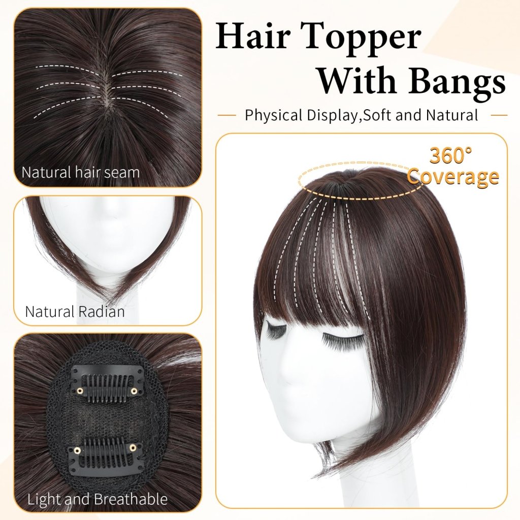 Hair Topper with Bangs Clip, 360° 3D Cover Hair Toppers for Women with Thinning Hairs - Wigtrends