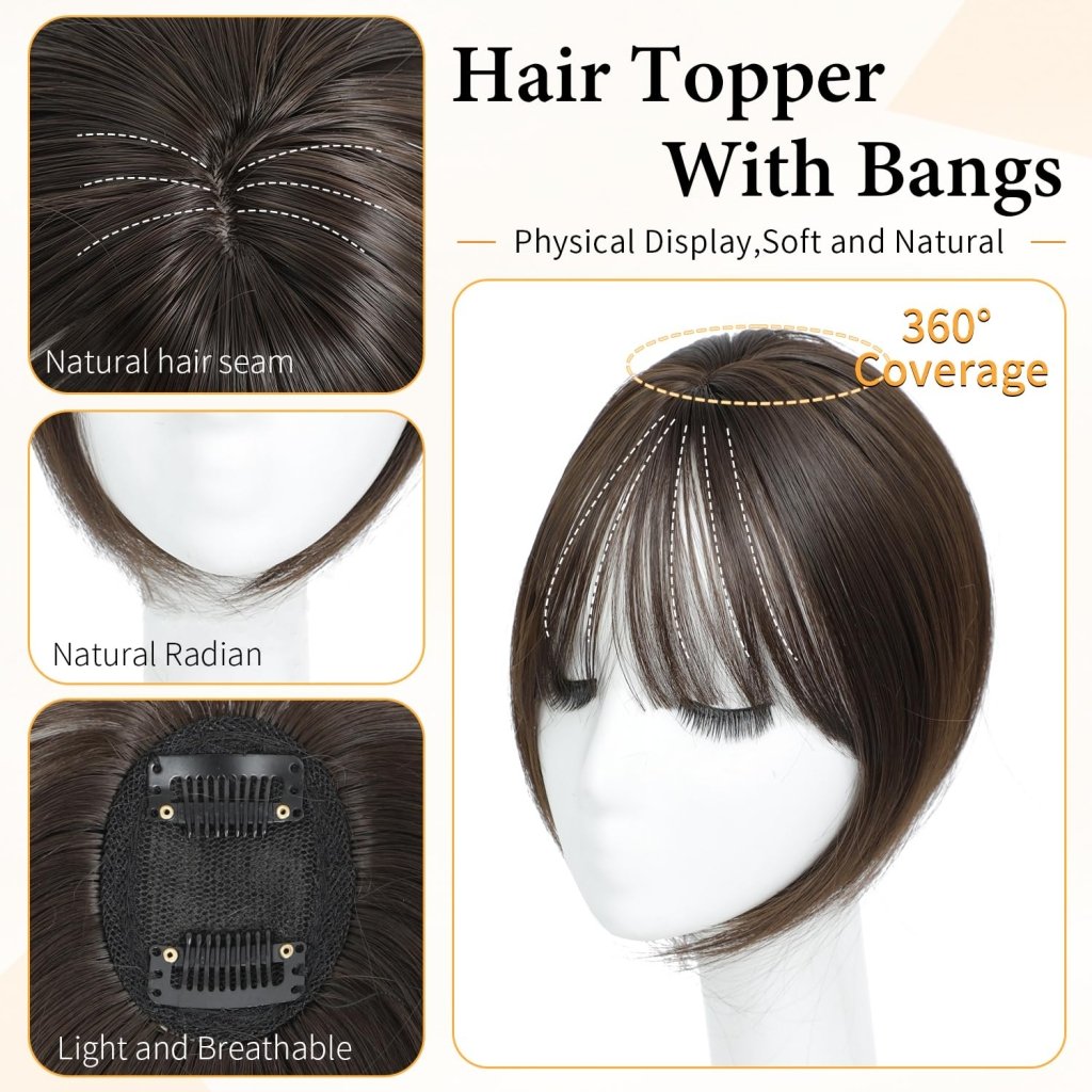 Hair Topper with Bangs Clip, 360° 3D Cover Hair Toppers for Women with Thinning Hairs - Wigtrends