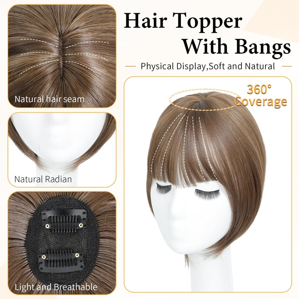 Hair Topper with Bangs Clip, 360° 3D Cover Hair Toppers for Women with Thinning Hairs - Wigtrends