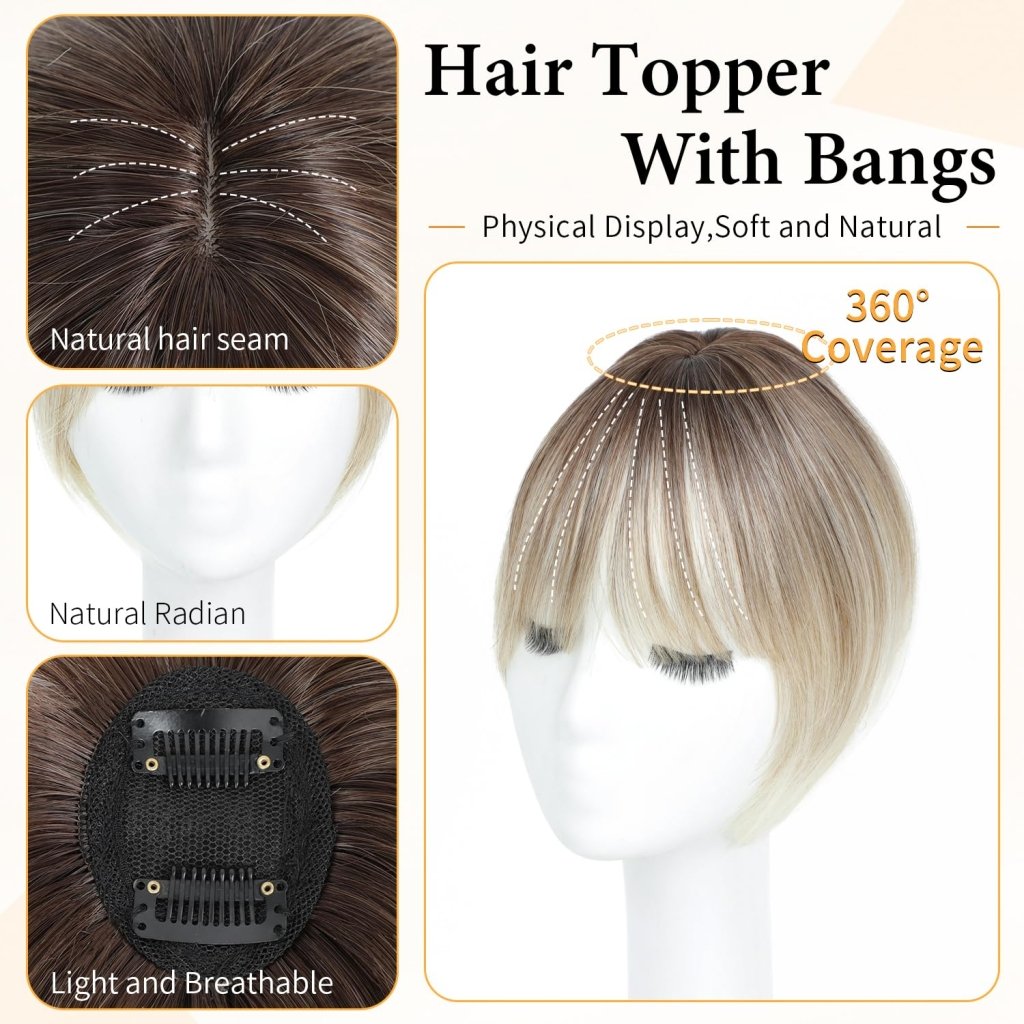 Hair Topper with Bangs Clip, 360° 3D Cover Hair Toppers for Women with Thinning Hairs - Wigtrends
