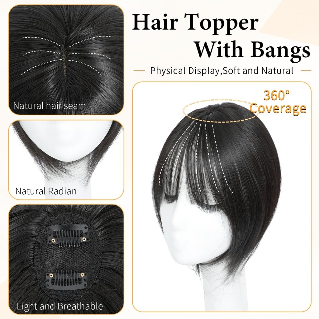 Hair Topper with Bangs Clip, 360° 3D Cover Hair Toppers for Women with Thinning Hairs - Wigtrends