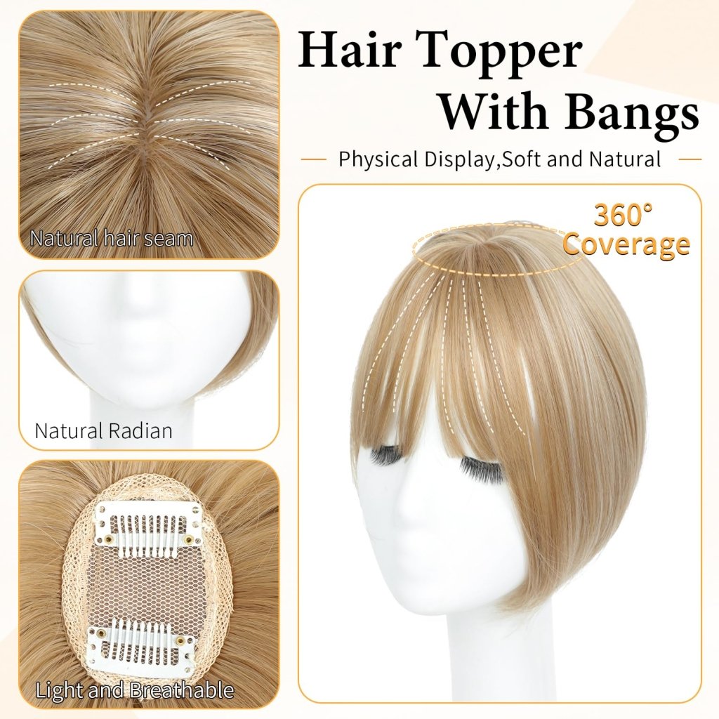 Hair Topper with Bangs Clip, 360° 3D Cover Hair Toppers for Women with Thinning Hairs - Wigtrends