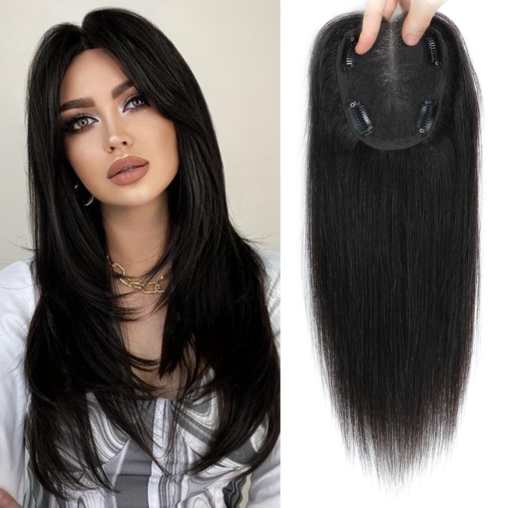 Hair Toppers for Women Real Human Hair 150% Density Clip In Topper Hairpieces 10 × 12CM Swiss Base Wiglet Top Hair Pieces for Women with Thinning Hair(12Inch,1B#) - Wigtrends