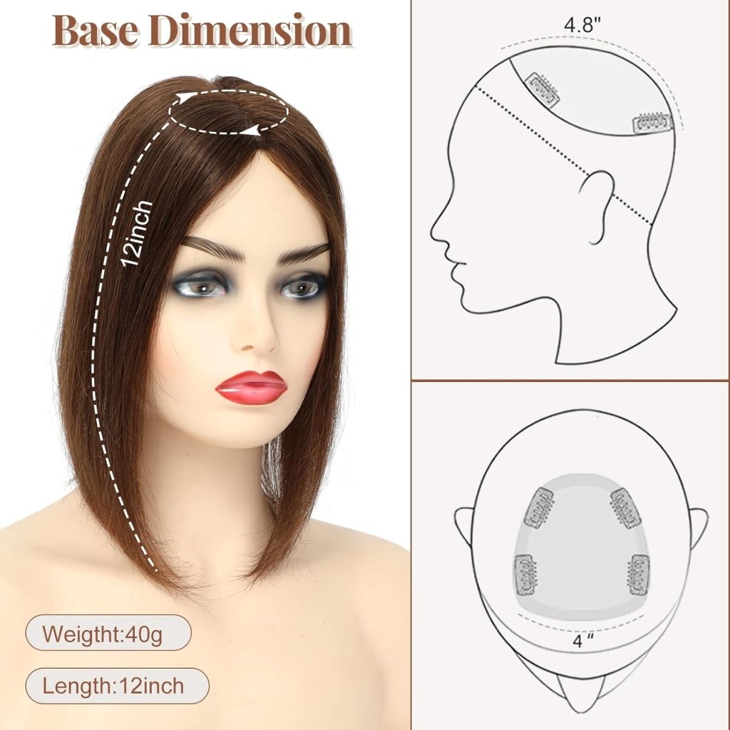Hair Toppers for Women Real Human Hair 150% Density Clip In Topper Hairpieces 10 × 12CM Swiss Base Wiglet Top Hair Pieces for Women with Thinning Hair(12Inch,1B#) - Wigtrends