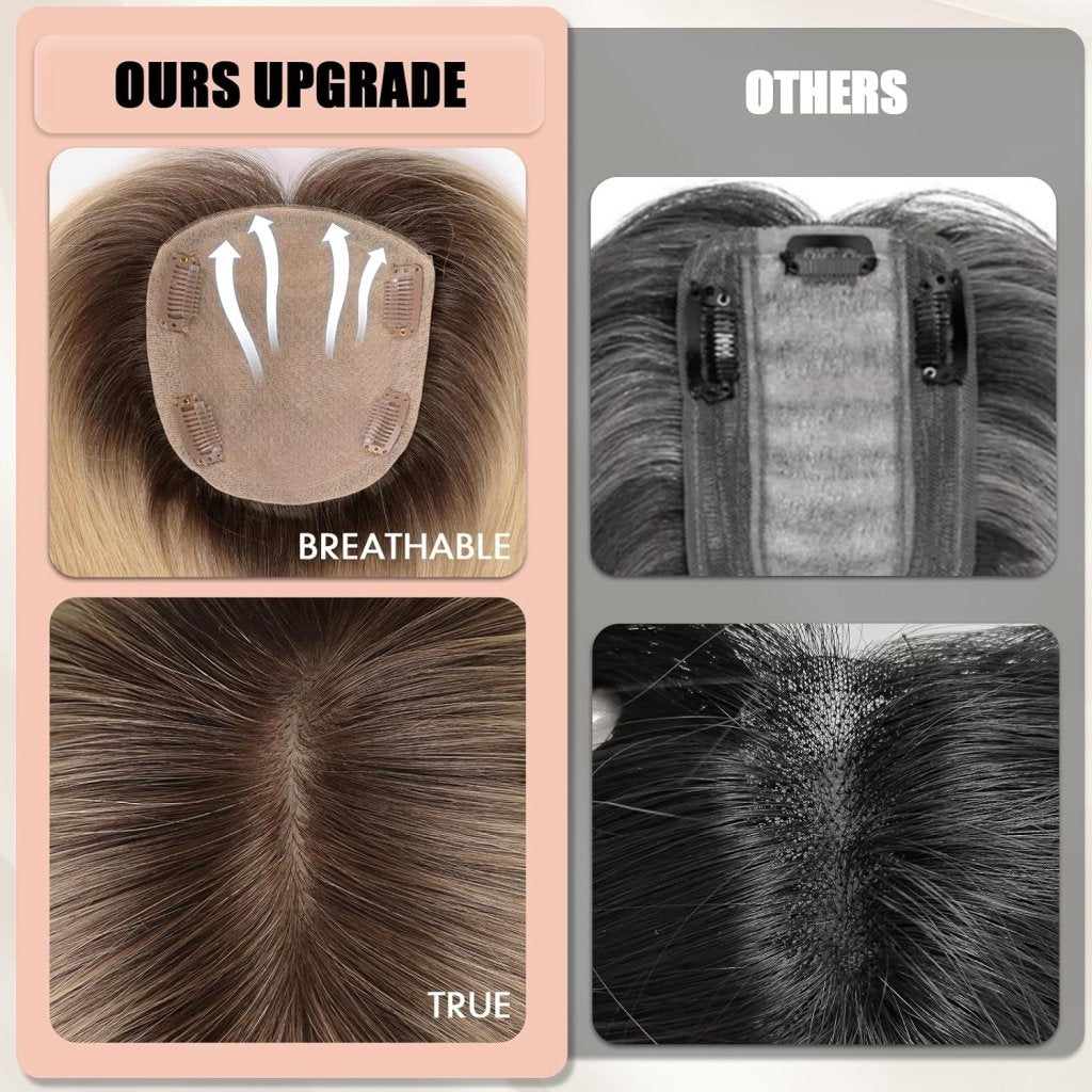 Hair Toppers for Women Real Human Hair 5"*5.5"Large Coverage Brown with Blond Highlight Hair Topper No Bangs - Wigtrends