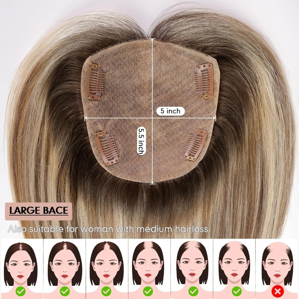 Hair Toppers for Women Real Human Hair 5"*5.5"Large Coverage Brown with Blond Highlight Hair Topper No Bangs - Wigtrends