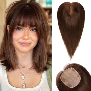 Hair Toppers for Women Real Human Hair 5"*5.5"Large Coverage Brown with Blond Highlight Hair Topper No Bangs - Wigtrends