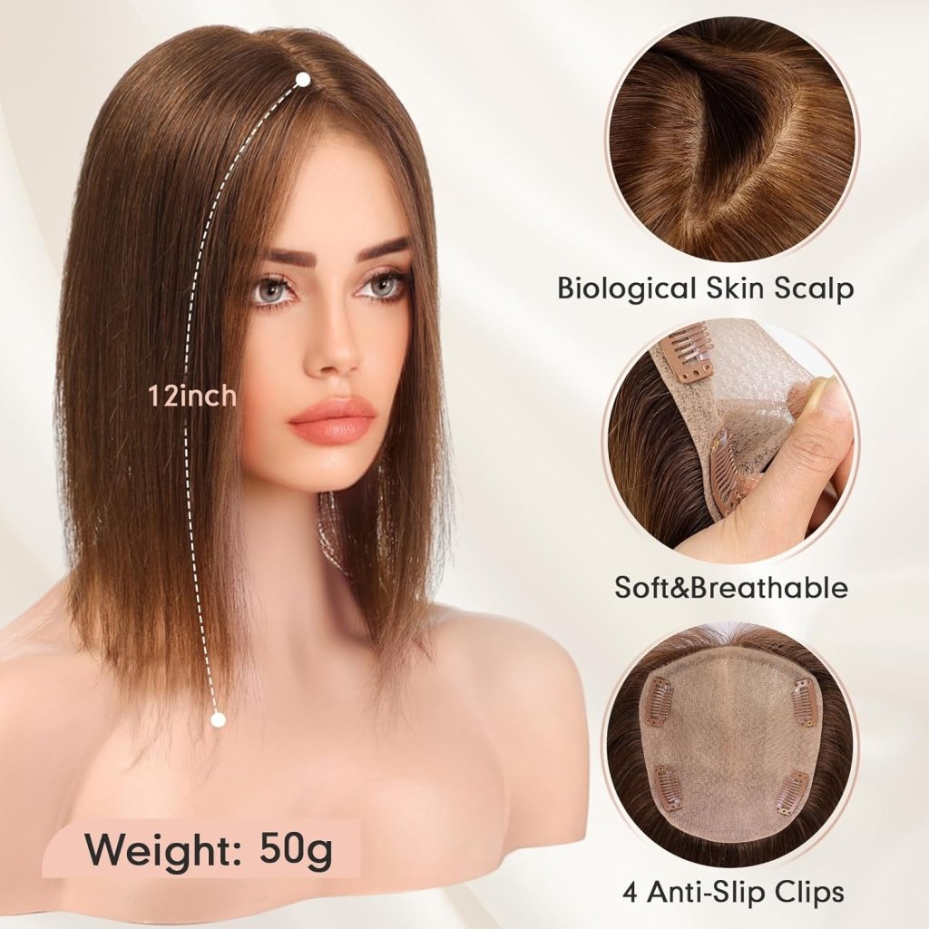 Hair Toppers for Women Real Human Hair 5"*5.5"Large Coverage Brown with Blond Highlight Hair Topper No Bangs - Wigtrends