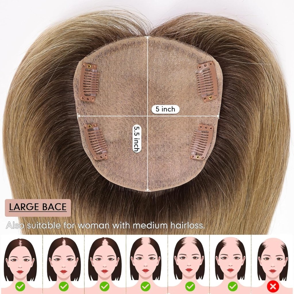 Hair Toppers for Women Real Human Hair 5"*5.5"Large Coverage Brown with Blond Highlight Hair Topper No Bangs - Wigtrends