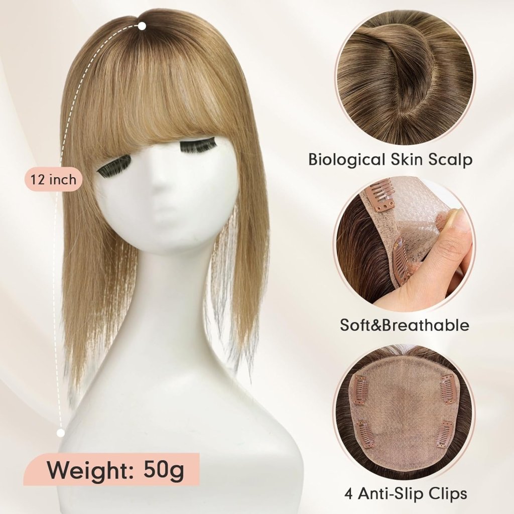 Hair Toppers for Women Real Human Hair 5"*5.5"Large Coverage Brown with Blond Highlight Hair Topper No Bangs - Wigtrends