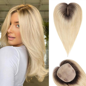 Hair Toppers for Women Real Human Hair 5"*5.5"Large Coverage Brown with Blond Highlight Hair Topper No Bangs - Wigtrends