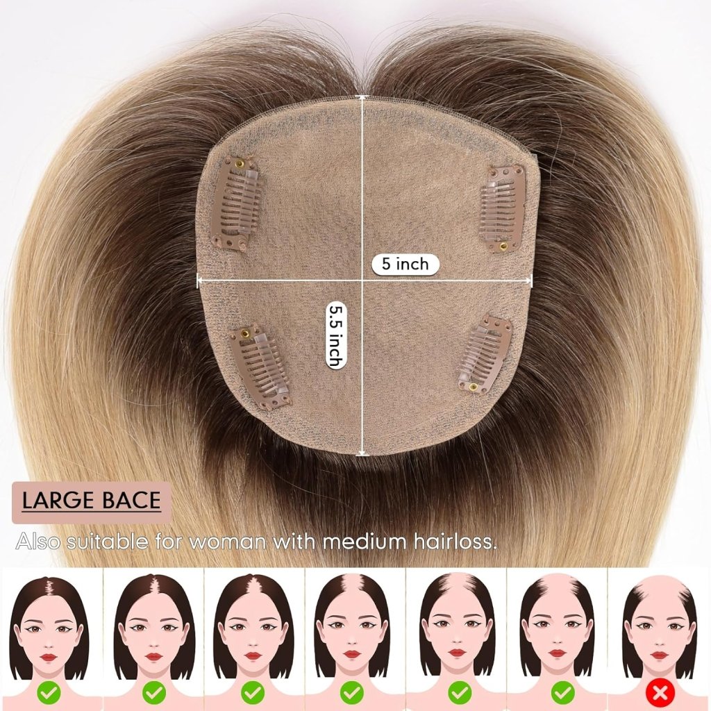 Hair Toppers for Women Real Human Hair 5"*5.5"Large Coverage Brown with Blond Highlight Hair Topper No Bangs - Wigtrends