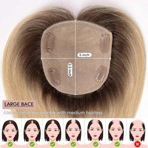 Hair Toppers for Women Real Human Hair 5"*5.5"Large Coverage Brown with Blond Highlight Hair Topper No Bangs - Wigtrends
