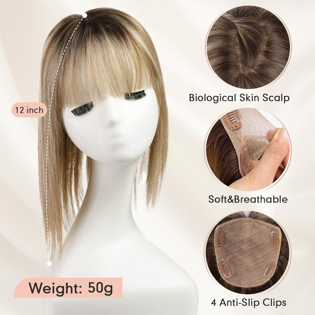 Hair Toppers for Women Real Human Hair 5"*5.5"Large Coverage Brown with Blond Highlight Hair Topper No Bangs - Wigtrends