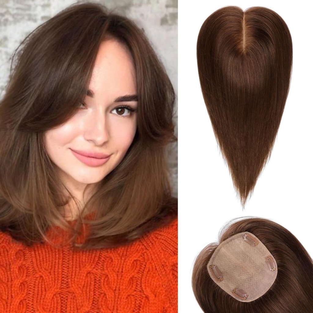 Hair Toppers for Women Real Human Hair 5"*5.5"Large Coverage Brown with Blond Highlight Hair Topper No Bangs - Wigtrends