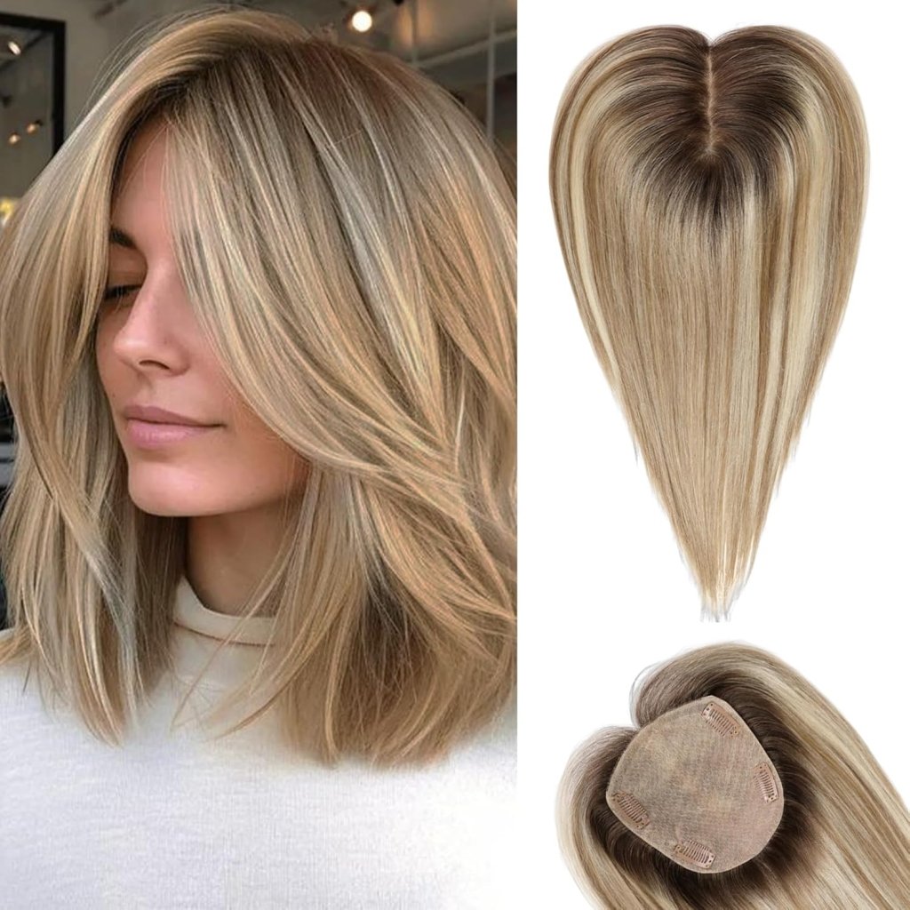 Hair Toppers for Women Real Human Hair 5"*5.5"Large Coverage Brown with Blond Highlight Hair Topper No Bangs - Wigtrends