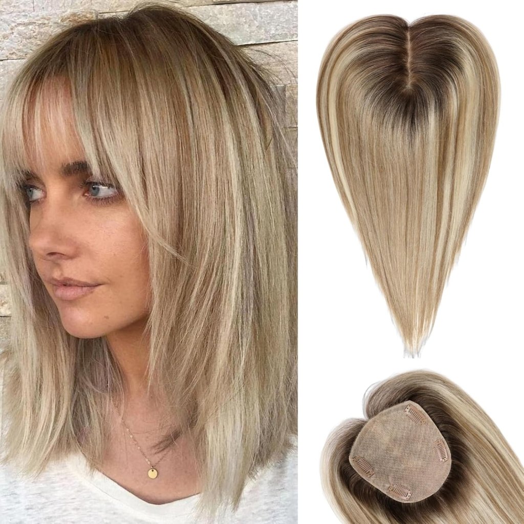 Hair Toppers for Women Real Human Hair 5"*5.5"Large Coverage Brown with Blond Highlight Hair Topper No Bangs - Wigtrends