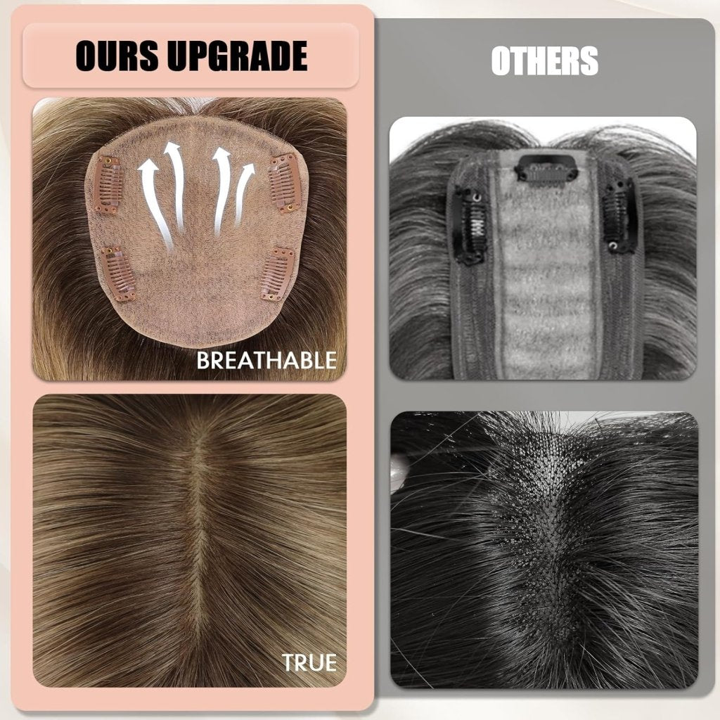 Hair Toppers for Women Real Human Hair 5"*5.5"Large Coverage Brown with Blond Highlight Hair Topper No Bangs - Wigtrends