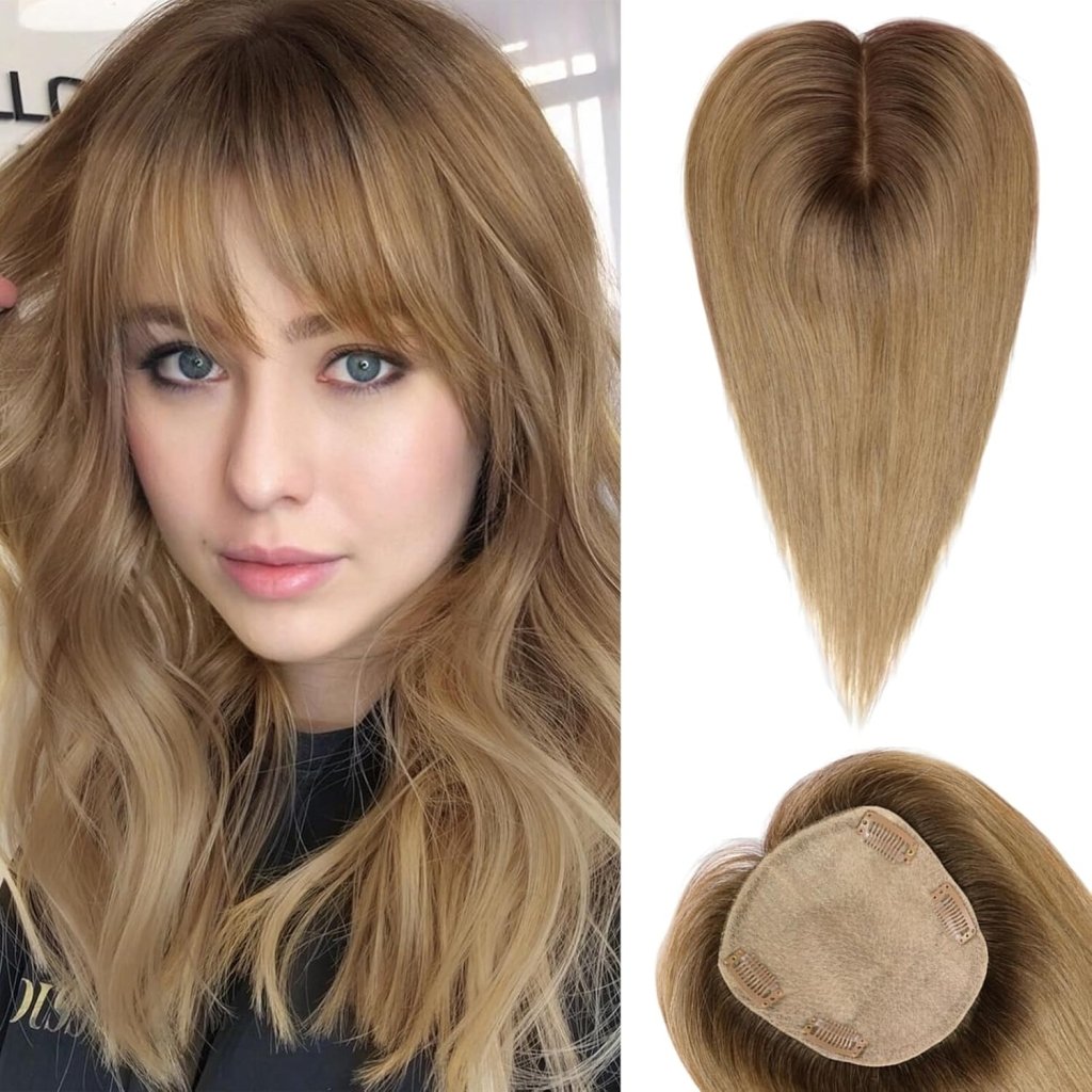 Hair Toppers for Women Real Human Hair 5"*5.5"Large Coverage Brown with Blond Highlight Hair Topper No Bangs - Wigtrends