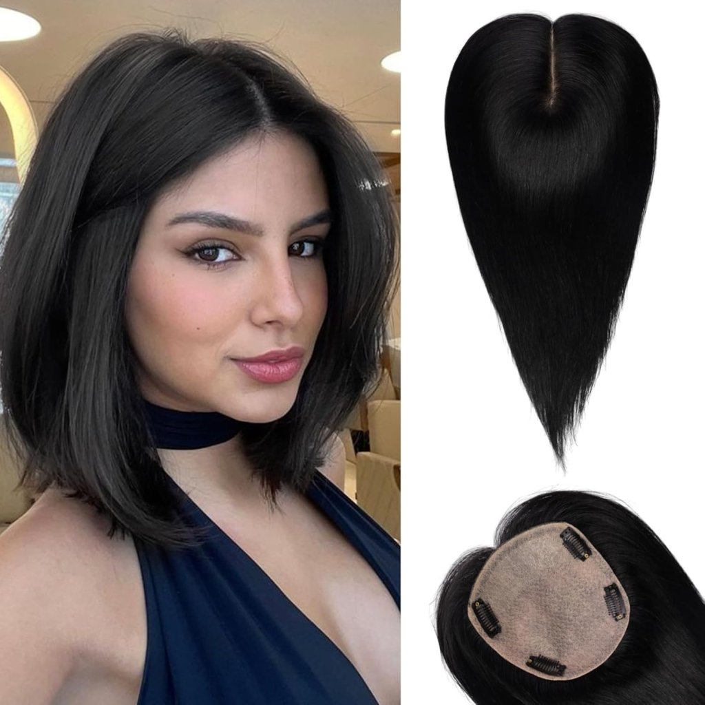 Hair Toppers for Women Real Human Hair 5"*5.5"Large Coverage Brown with Blond Highlight Hair Topper No Bangs - Wigtrends