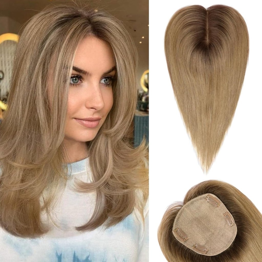 Hair Toppers for Women Real Human Hair 5"*5.5"Large Coverage Brown with Blond Highlight Hair Topper No Bangs - Wigtrends