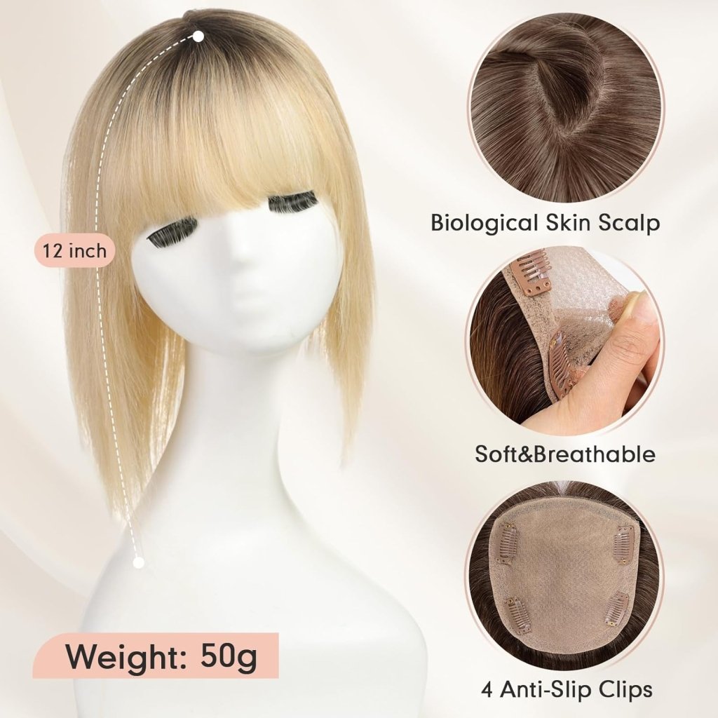 Hair Toppers for Women Real Human Hair 5"*5.5"Large Coverage Brown with Blond Highlight Hair Topper No Bangs - Wigtrends